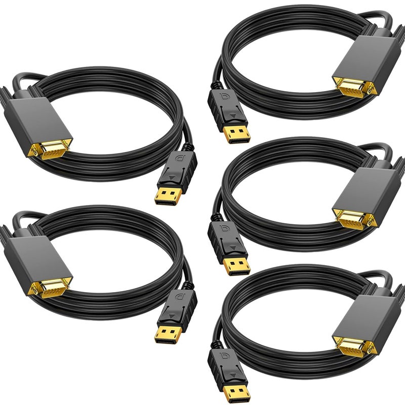 AKWOR 5 حزمة كابل DisplayPort إلى VGA بطول 6 أقدام، محول Display Port DP إلى VGA، كابل فيديو 1080P@60Hz من اللابتوب/الكمبيوتر (DP) إلى الشاشة/البروجيكتور (VGA)، (غير ثنائي الاتجاه، غير مخصص لـ HDMI أو USB) - Image 1